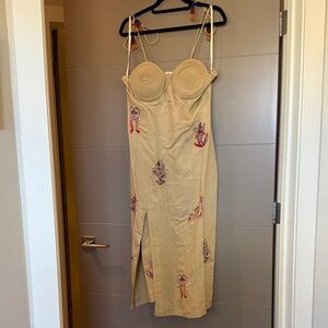 FARM Rio Beige Midi Dress with Colorful Embroidery